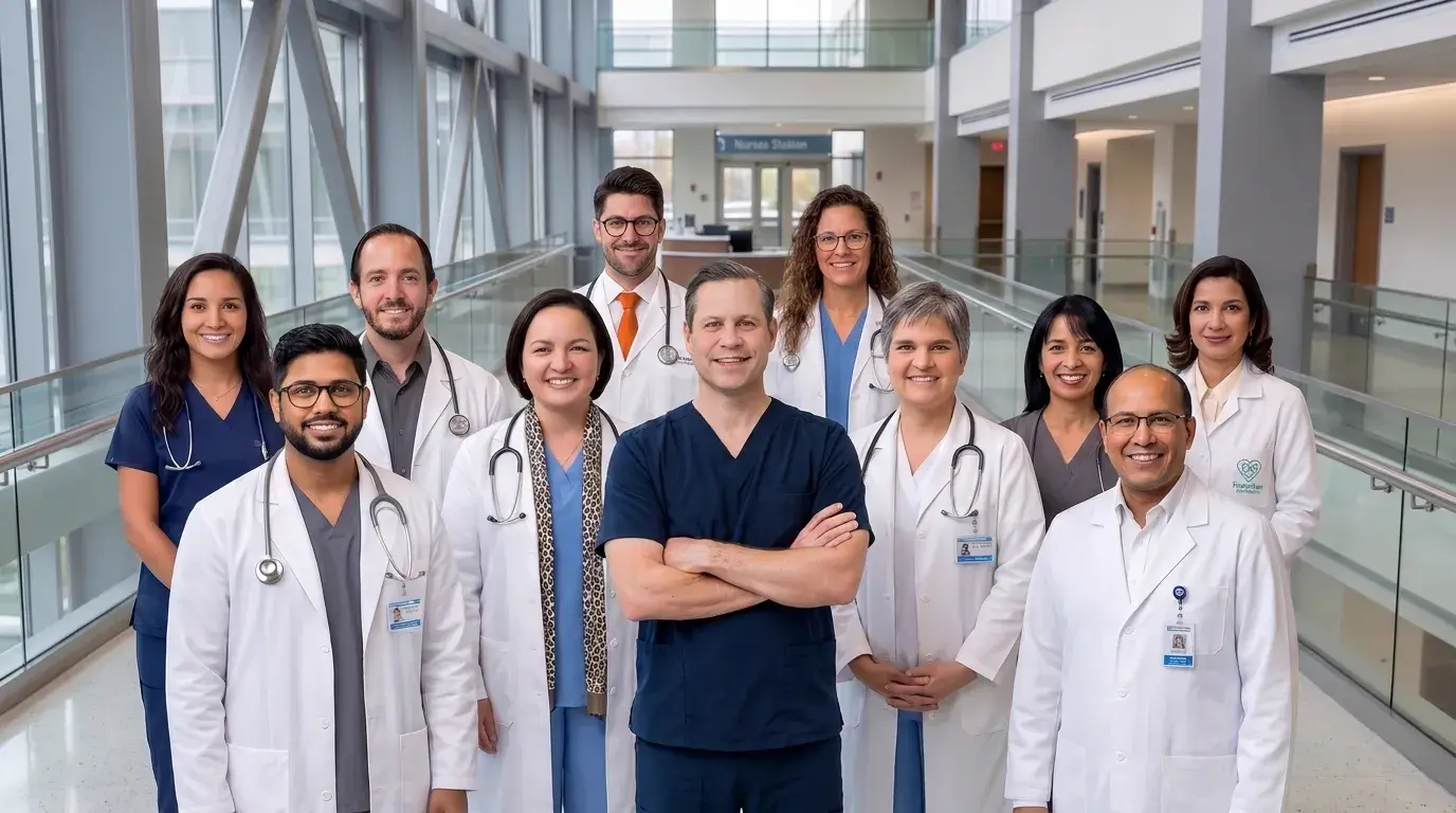 Grupo de médicos consultores certificados en NaProTecnología, en un pasillo clínico.