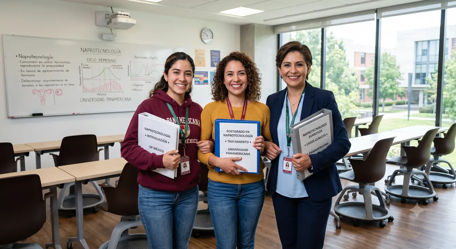 Practitioners en formación sonriendo con sus materiales de estudio de NaProTecnología.