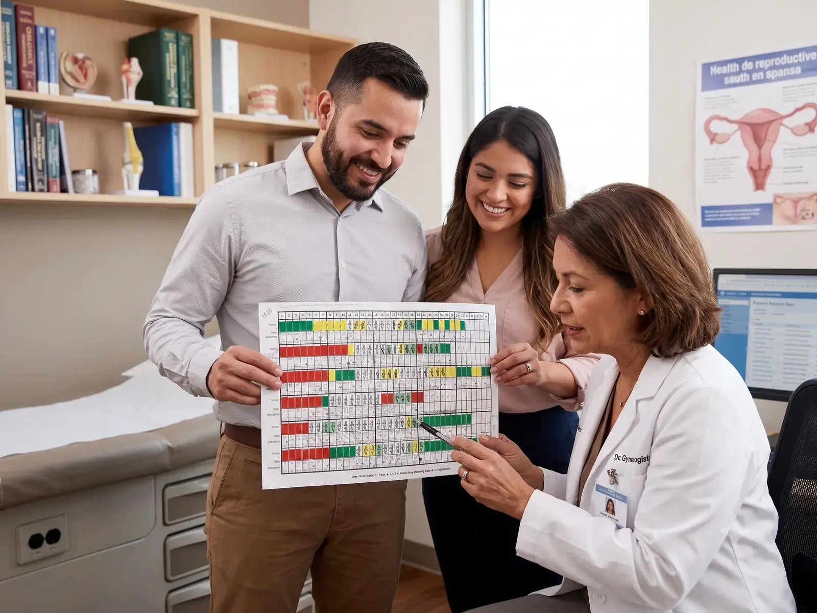 Pareja en consulta médica revisando su gráfica del ciclo con una doctora certificada en NaProTecnología.