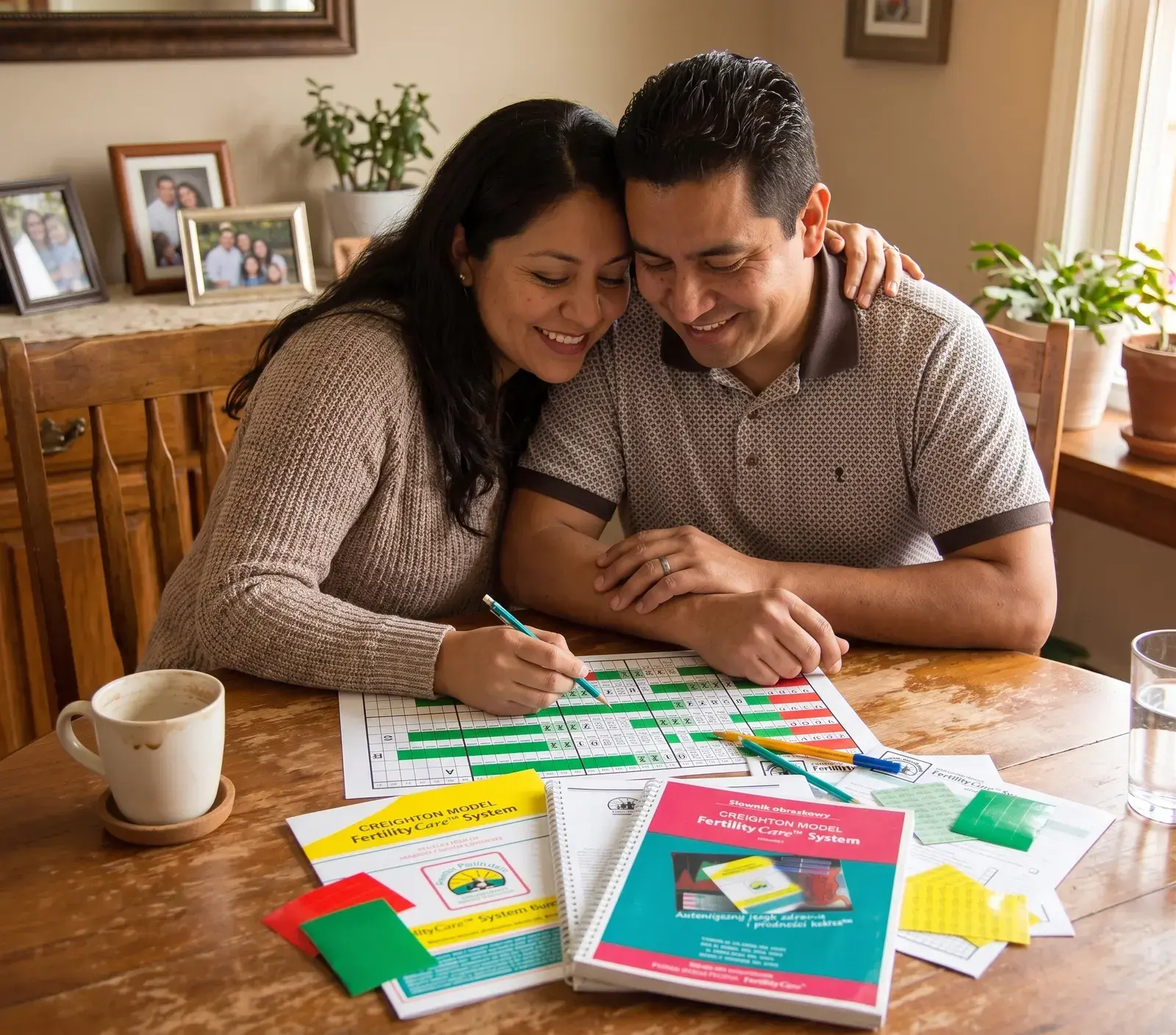 Pareja graficando su ciclo en casa con los materiales oficiales del Creighton Model FertilityCare System.